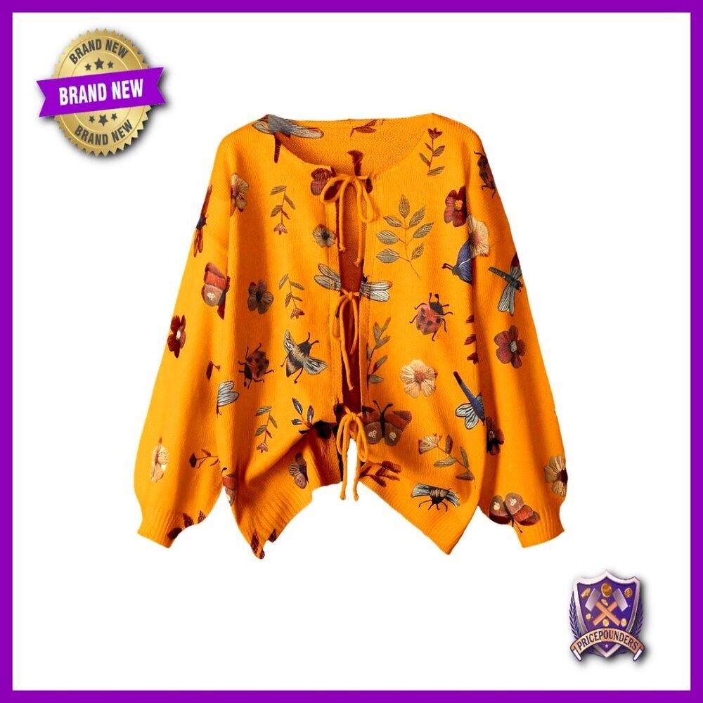 Plus Size Cardigan Sweater Chunky Knit Bow Tie Front Floral Long Sleeve